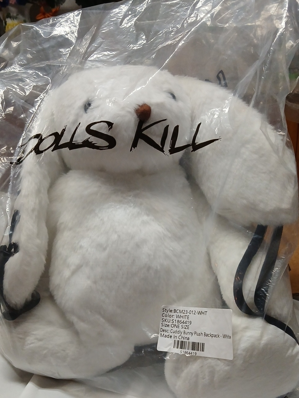 Dolls Kill White Plush Bunny Backpack w/ Black Ribbon Lacing Zipper Pocket Ears